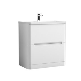 Mellow Floor Standing Handleless 2 Drawer Vanity Basin Unit with Polymarble Basin - 800mm - Satin White