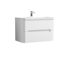 Mellow Wall Hung Handleless 2 Drawer Vanity Basin Unit with Ceramic Basin - 800mm - Satin White