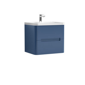 Mellow Wall Hung Handleless 2 Drawer Vanity Basin Unit with Polymarble Basin - 600mm - Satin Blue