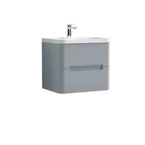 Mellow Wall Hung Handleless 2 Drawer Vanity Basin Unit with Polymarble Basin - 600mm - Satin Grey