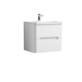 Mellow Wall Hung Handleless 2 Drawer Vanity Basin Unit with Polymarble Basin - 600mm - Satin White