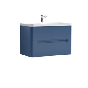 Mellow Wall Hung Handleless 2 Drawer Vanity Basin Unit with Polymarble Basin - 800mm - Satin Blue