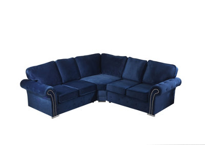Mellows Plush Velvet Blue Corner Sofa Full Back 2c2
