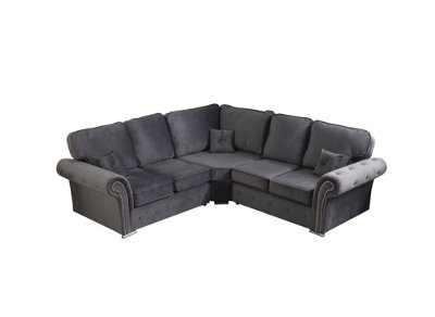 Mellows Plush Velvet Grey Corner Sofa Full Back 2c2