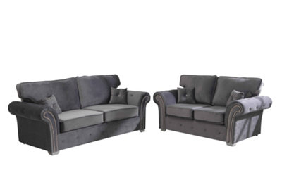 Mellows Plush Velvet Grey Sofa Full Back 3+2 Set