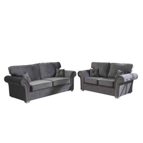 Mellows Plush Velvet Grey Sofa Full Back 3+2 Set