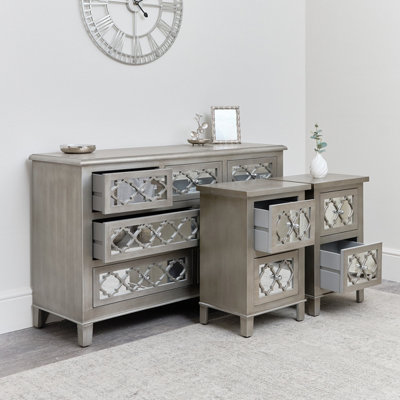 Melody Maison 7 Drawer Mirrored Lattice Chest of Drawers & Pair of 2 Drawer Bedsides - Sabrina Silver Range