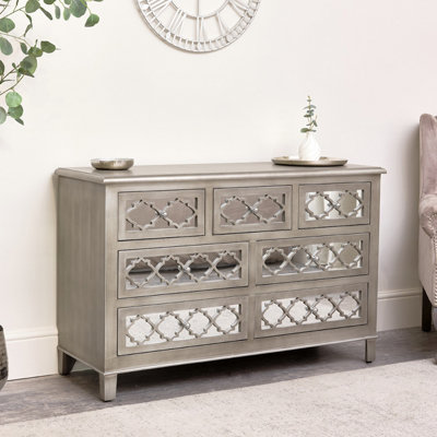 Melody Maison 7 Drawer Mirrored Lattice Chest of Drawers & Pair of 2 Drawer Bedsides - Sabrina Silver Range