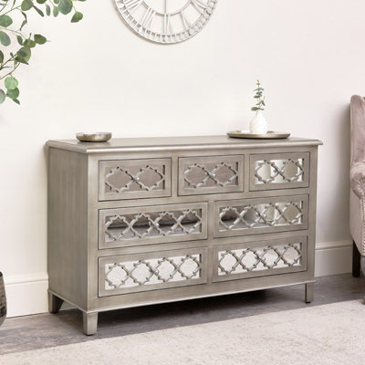 Melody Maison 7 Drawer Mirrored Lattice Chest of Drawers - Sabrina Silver Range