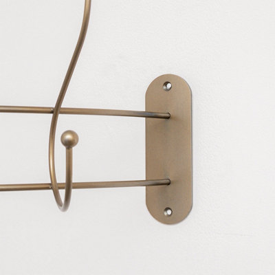 Melody Maison Antique Gold Curved Coat Hanger Rail with 5 Storage Hooks ...