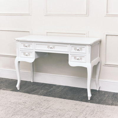 Melody Maison Antique White Dressing Table Desk with Triple Mirror and Stool - Pays Blanc Range
