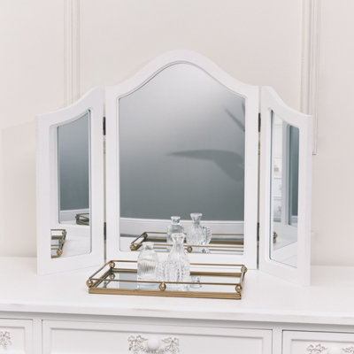 Melody Maison Antique White Dressing Table Desk with Triple Mirror and Stool - Pays Blanc Range