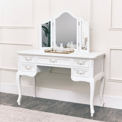 Melody Maison Antique White Dressing Table Desk with Triple Mirror
