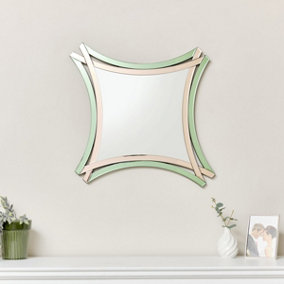 Melody Maison Art Deco Green & Pink Glass Cross Over Wall Mirror 80cm x 75cm