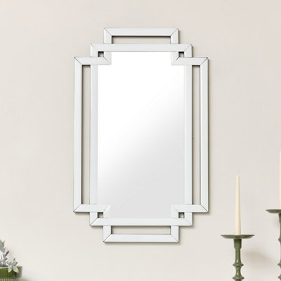 Melody Maison Art Deco White Glass Wall Mirror with Mirrored Accents - 80cm x 50cm