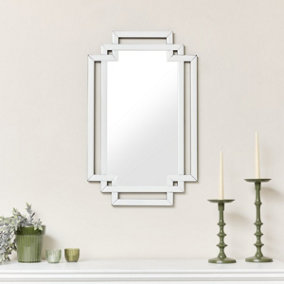Melody Maison Art Deco White Glass Wall Mirror with Mirrored Accents - 80cm x 50cm
