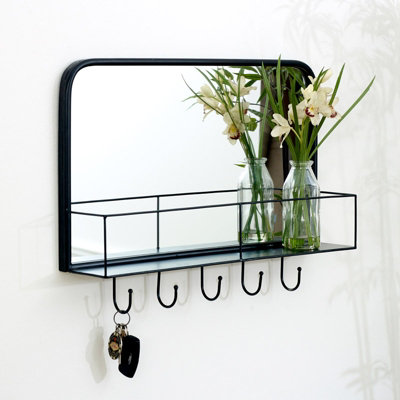 Melody Maison Black Mirrored Wall Shelf With Hooks