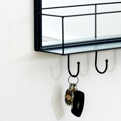 Melody Maison Black Mirrored Wall Shelf With Hooks