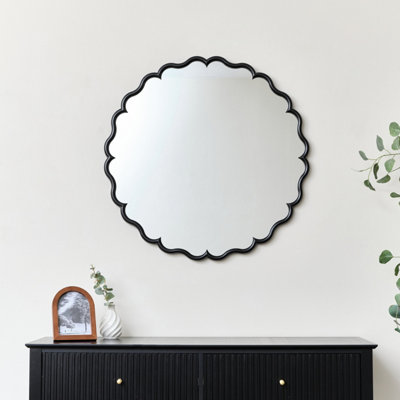Melody Maison Black Satin Scalloped Frame Round Wall Mirror - 80cm x 80cm