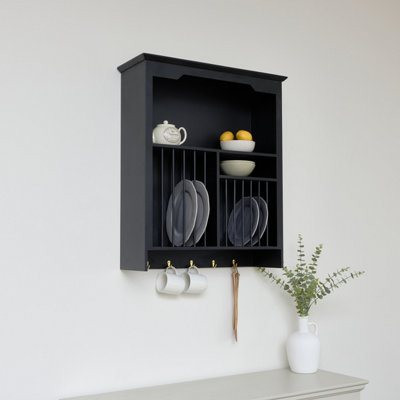 Melody Maison Black Wall Mounted Plate Rack with Gold Hooks