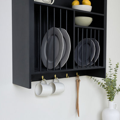 Melody Maison Black Wall Mounted Plate Rack with Gold Hooks