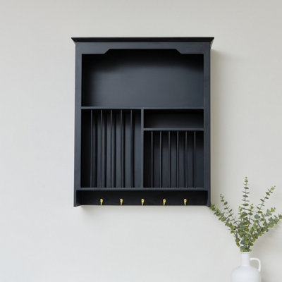 Melody Maison Black Wall Mounted Plate Rack with Gold Hooks