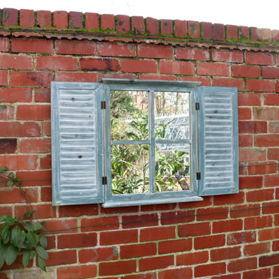 Melody Maison Distressed Green Shutter Style Garden Wall Mounted Mirror 60cm x 70cm
