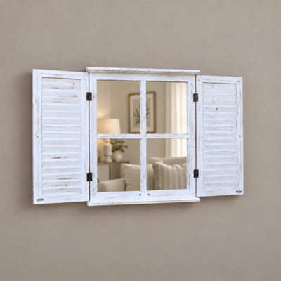 Melody Maison Distressed Ivory Shutter Style Garden Wall Mounted Mirror ...