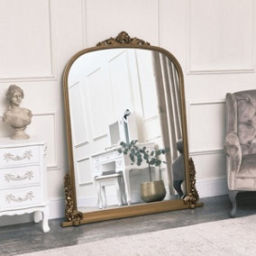 Melody Maison Extra Large Arch Antique Gold Ornate Overmantle Mirror - 1.52m x 1.28m