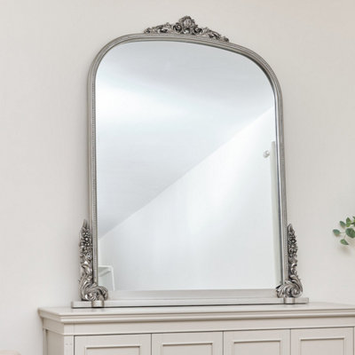 Melody Maison Extra Large Arch Antique Silver Ornate Overmantle Mirror - 152cm x 128cm
