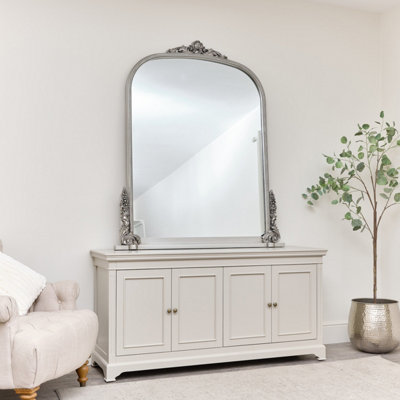 Melody Maison Extra Large Arch Antique Silver Ornate Overmantle Mirror - 152cm x 128cm