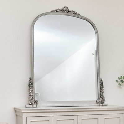 Melody Maison Extra Large Arch Antique Silver Ornate Overmantle Mirror - 152cm x 128cm