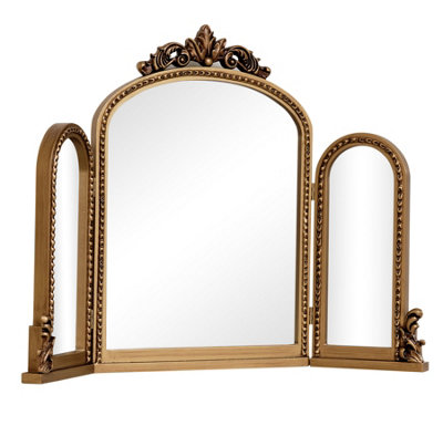 Melody Maison Gold Ornate Arched Triple Dressing Table Mirror 80cm x 56cm