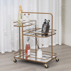Melody Maison Gold Vintage Printed Glass 3 Tier Drinks Trolley with Wheels