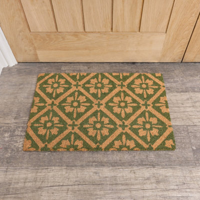 Melody Maison Green & Natural Geometric Tile Print Coir Door Mat