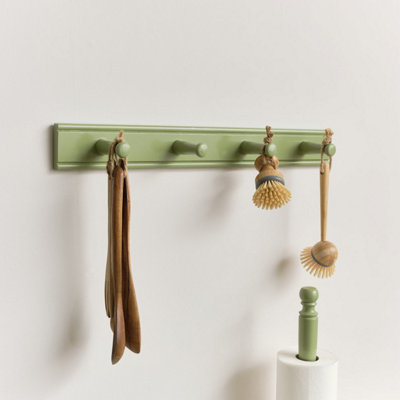 Melody Maison Green Painted Wooden Wall Utensil Hanging Hooks - 60cm