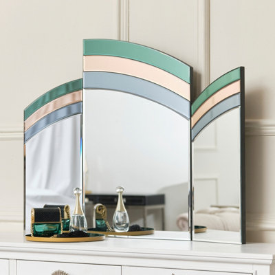 Melody Maison Green, Pink & Blue Glass Art Deco Triple Mirror 74cm x 60cm