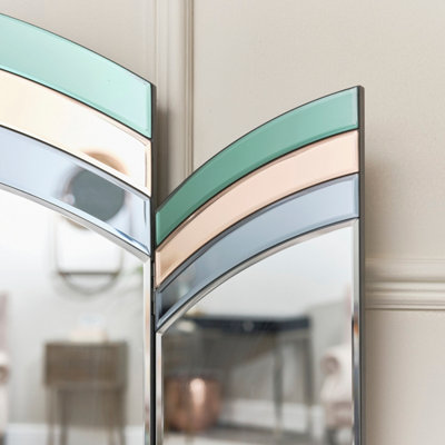 Melody Maison Green, Pink & Blue Glass Art Deco Triple Mirror 74cm x 60cm
