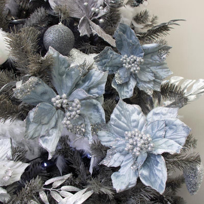 Melody Maison Ice Blue Silver Glittery set of 3 silver poinsettia clip - 20cm