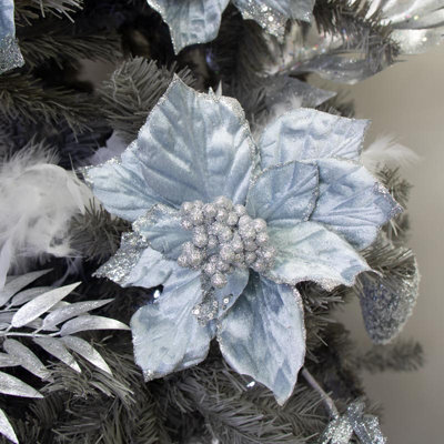 Melody Maison Ice Blue Silver Glittery set of 3 silver poinsettia clip - 20cm