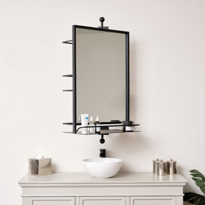 Melody Maison Large Black Rotating Metal Storage Shelf Wall Mirror ...