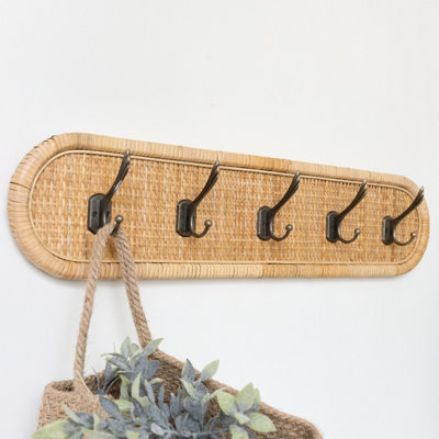 Melody Maison Large Black & Wooden Rattan Wall Hooks
