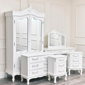 Melody Maison Large Double Wardrobe, Dressing Table Set, Chest of Drawers & Pair of 3 Drawer Bedside Tables - Pays Blanc Range
