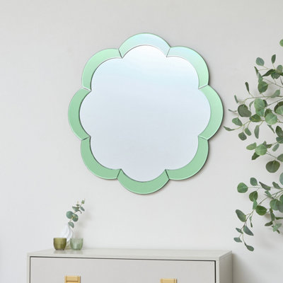 Melody Maison Large Floral Scalloped Green Glass Wall Mirror 81cm x 81cm