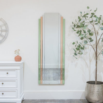 Melody Maison Large Frameless Pink & Green Glass Art Deco Wall Mirror 52cm x 142cm