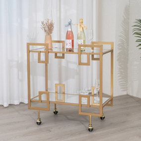 Melody Maison Large Gold Art Deco Mirrored Drinks Trolley With Wheels