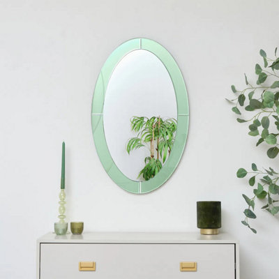 Melody Maison Large Green Glass Oval Frameless Wall Mirror - 79cm x 50cm