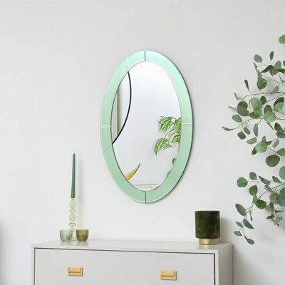Melody Maison Large Green Glass Oval Frameless Wall Mirror - 79cm x 50cm