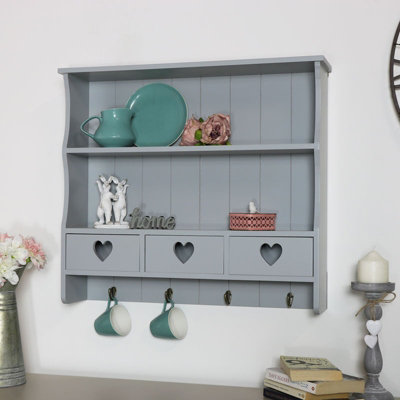 Melody Maison Large Grey Wall Shelf with Heart Drawer Storage