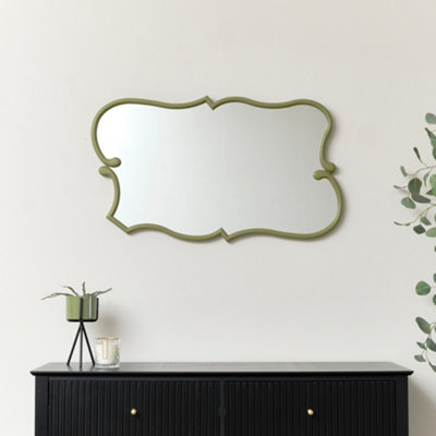 Melody Maison Large Olive Green Vintage Asymmetrical Shaped Wall Mirror - 84cm x 53cm